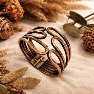 Vintage RAMÉ Copper Hinged Clamper Cuff Bracelet MCM Modernist Scroll Statement